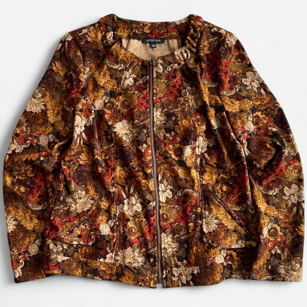Vintage Notations Autumn Fall Warm Tones Floral Print Zippered Jacket Shacket